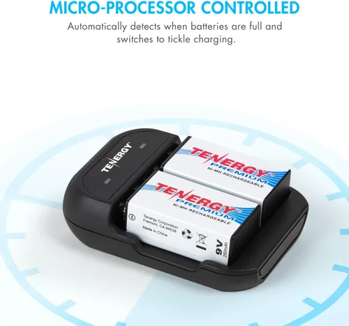 Miniatura 5 de Tenergy Batería recargable de 9 V, 250 mAh, paquete de 4 baterías NiMH Square con cargador de batería de 2 bahías de 9 V para alarma de humo/detector