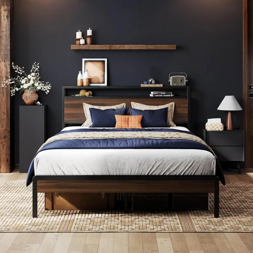 Miniatura 35 de LIKIMIO Marco de Cama King con Cabecero, Marco de Cama King de Madera Oscura con Soportes Fuertes, Resistente, Sin Ruido, No Necesita Somier, Nogal