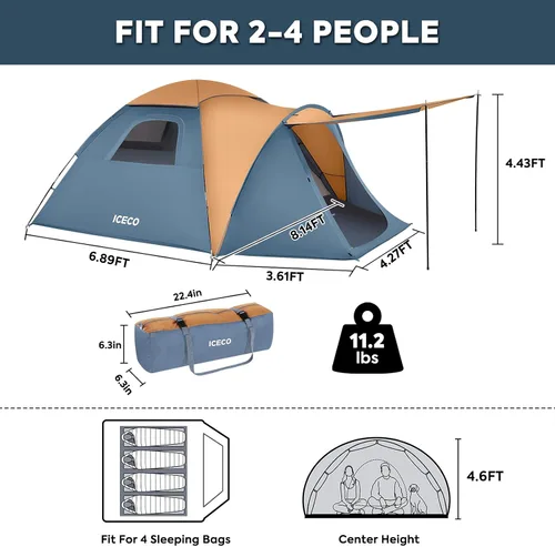 Miniatura 5 de ICECO Tiendas de campaña para habitación oscura para 4 personas, tiendas de campaña para acampar 3/4 personas, impermeable, resistente al viento