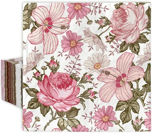 Paquete de 80 servilletas de almuerzo florales rosas de primavera, vintage, bohemio, de papel, desechables, servilletas de papel decorativas retro