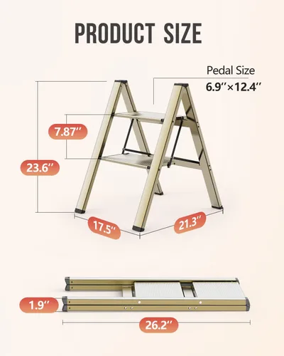 Miniatura 6 de WOA WOA Escalera de 2 escalones, taburete plegable, escalera ligera de aluminio para hogar, cocina y armario, pedales antideslizantes, fácil