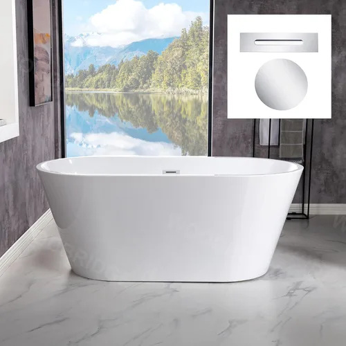 WOODBRIDGE - Tina de baño independiente de acrílico contemporánea de 54 pulgadas, color blanco, con desbordamiento y drenaje cromados, B1702-CH Cromo