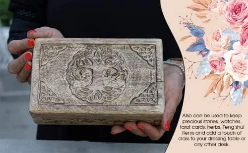 Miniatura 2 de DharmaObjects Caja de almacenamiento de madera tallada a mano con árbol de la vida celta (morado, grande)