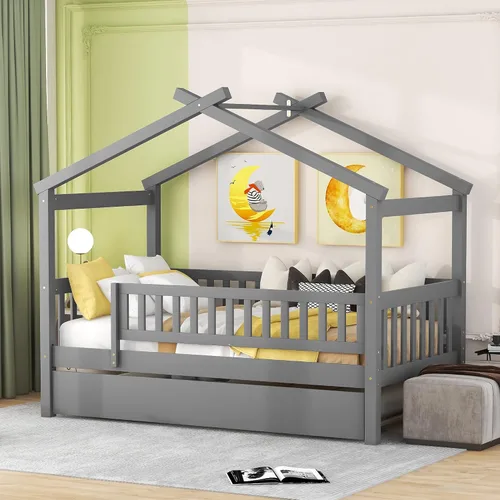 Miniatura 19 de Harper & Bright Designs Cama de madera con nido, marco de cama Platforn para niños de tamaño individual con rieles de valla y techo para niñas