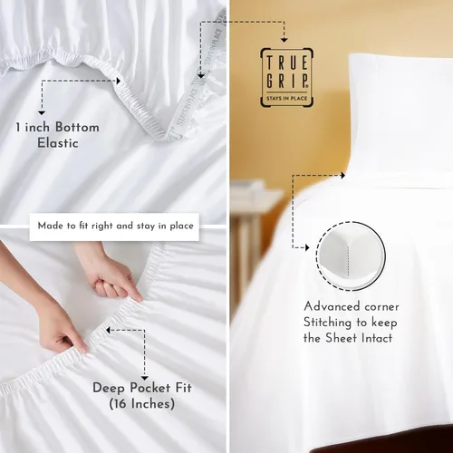 Miniatura 4 de Linen Closet Juego de 4 piezas de sábanas de 100% algodón orgánico tamaño completo, tejido de percal, crujiente, fresco, suave y duradero, sábanas