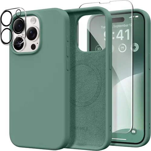 Miniatura 262 de GONEZ Funda de silicona para iPhone 14 Pro Max, compatible con MagSafe, con protector de pantalla + protector de lente de cámara, silicona líquida a