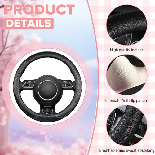 Miniatura 2 de Funda negra para volante de automóvil, antideslizante, transpirable, cómoda, de cuero PU, lindo protector universal, accesorios interiores de Rosa