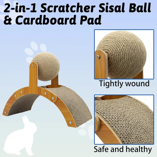 Miniatura 2 de Fhiny Juguete rascador de conejo, bola rascador de conejo de sisal natural con almohadilla de cartón, 2 en 1, rascador de garra de conejo, juguetes