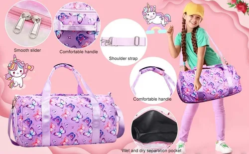 Miniatura 7 de Bolsa de viaje para gimnasio para niñas, bolsa de gimnasia deportiva con compartimento para zapatos y bolsillo húmedo, bolsa de viaje para niños