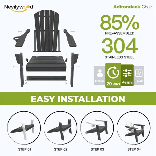Miniatura 8 de nevilywood Silla Adirondack plegable – Respaldo ergonómico extendido, portavasos – Fácil montaje – Plástico HDPE duradero, resistente a