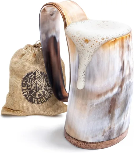 Miniatura 16 de Norse Tradesman LG Viking Cuerno para Beber - Jarra de Cuerno de Cerveza 100% Auténtica con Fondo de Madera Dura y Grabados de Anillos The