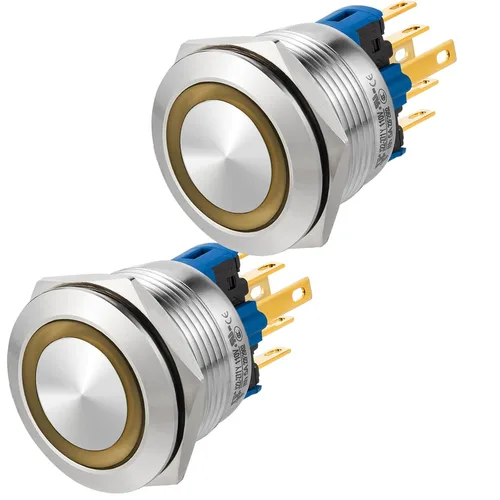 Miniatura 25 de 2 interruptores de botón de cierre de 0.866 in, 7/8 pulgadas, 110 V-120 V, SPDT, interruptor de encendido y apagado, impermeable, IP67, acero Azul