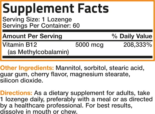Miniatura 6 de Bronson Metil B12 5000 mcg Vitamina B12 Metilcobalamina Energía y Apoyo Cerebral 60 Pastillas