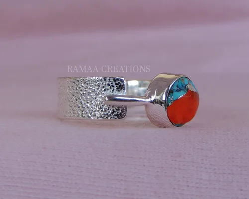 Miniatura 4 de Spiny Oyster Copper Turquoise Ring Handmade Round Turquoise Silver Ring Statement Handmade Jewelry Sterling Silver 925