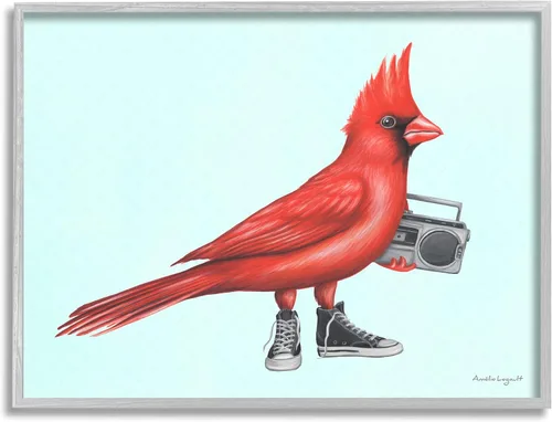 Stupell Industries Cardinal Bird Negro Zapatillas Retro Boombox Ilustración, Diseño por Amelie Legault Enmarcado en gris