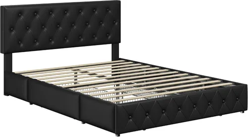 Miniatura 6 de Topeakmart Base de cama de plataforma tapizada tamaño Queen con cabecera ajustable en altura y 3 cajones de almacenamiento, base de colchón de piel