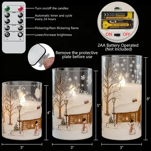 Miniatura 2 de Velas de muñeco de nieve de vidrio sin llama con pilas, control remoto y temporizador, cera real, LED, parpadeantes, pilar de velas blancas, luz