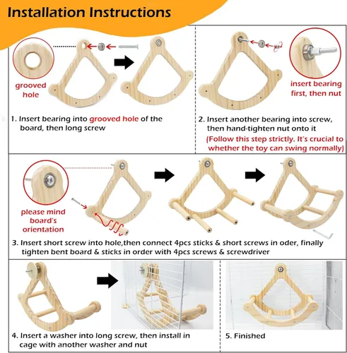 Miniatura 6 de Percha de juguete para pájaros, juguetes y perchas de periquitos con balanceo interactivo, rueda de ejercicio de madera para cacatúas, juguete