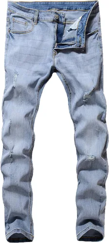 ZLZ Jeans desgastados rasgados y azules para hombre, ajuste delgado, diseño de moda urbana, pantalones de mezclilla destruidos, ajuste elástico