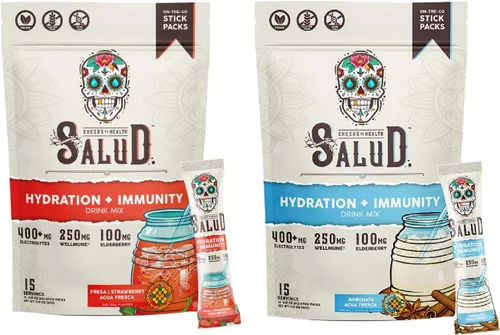 Salud - Paquete de 2 | Hidratación 2 en 1 + inmunidad (fresa) e hidratación + inmunidad (horchata) – 15 porciones cada una, mezcla de bebida Agua