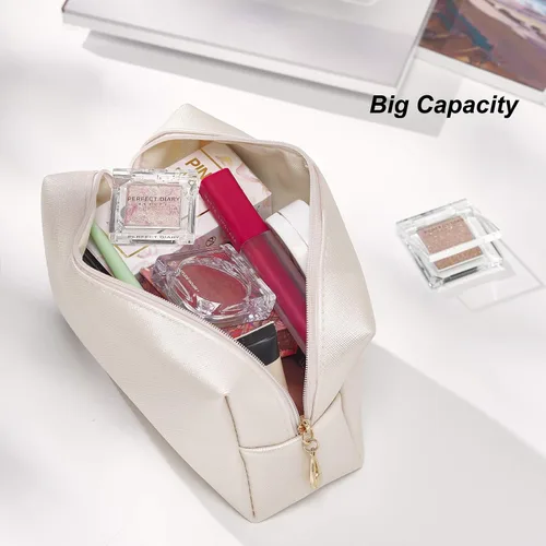 Miniatura 3 de Bolsa de cosméticos de piel sintética para mujer, bolsa de maquillaje minimalista para uso diario, bolsa de almacenamiento portátil, pequeña bolsa