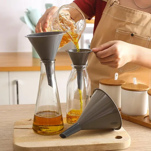 Miniatura 6 de Juego de 3 embudos de cocina de plástico, embudos de cocina redondos para llenar botellas, embudos duraderos y multifuncionales para llenar Gris