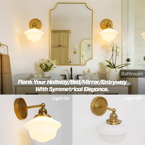 Miniatura 7 de Aplique de Pared Dorado, Luz Vintage para Tocador de Baño, Modernos Apliques de Vidrio Esmerilado Blanco Lechoso, Luces de Pared de Latón para Sala