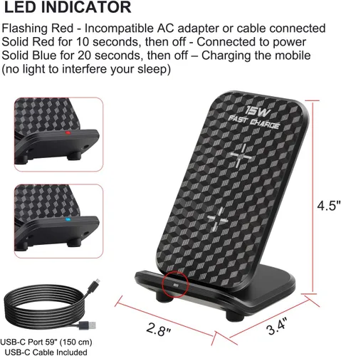 Miniatura 7 de LUXSWAY Estación de carga inalámbrica, cargador de teléfono inductivo de 15 W, soporte de carga inalámbrico rápido con certificación Qi compatible