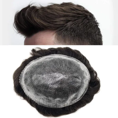 Miniatura 76 de Toupee para hombres de piel fina inyección de PU unidad de peluca para hombre, pieza de cabello humano natural real, sistema de repuesto