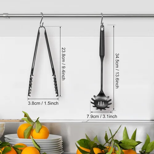 Miniatura 2 de Patelai Juego de cuchara de espagueti y pinzas para pasta, herramientas de servicio de fideos de mango largo con orificios de drenaje, agarre Negro
