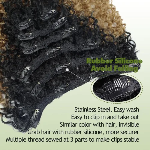 Miniatura 3 de Extensiones de cabello sintético con clip, extensiones de cabello sintético negro y rubio miel, extensiones de cabello rizado Jerry para mujeres