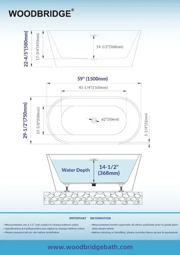 Miniatura 7 de WOODBRIDGE Bañera de acrílico independiente de 59", bañera de remojo contemporánea, acrílico blanco