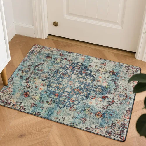 Miniatura 64 de Lahome Alfombra bohemia con medallón floral, 4 x 6 pies, color verde azulado, suave, lavable, antideslizante, apta para mascotas, alfombra