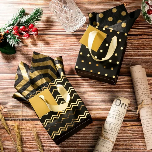 Miniatura 5 de Tenare 12 bolsas de regalo pequeñas, mini bolsa de papel metálica a granel con asa de papel de seda para envoltura de regalo, día del padre, negro