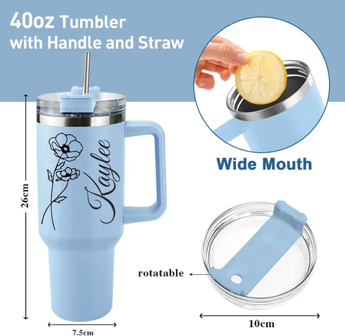 Miniatura 3 de Elemtansy Vaso personalizado de 40 onzas con asa y pajita, taza personalizada con nombre y flor de nacimiento, vaso de café de viaje de acero