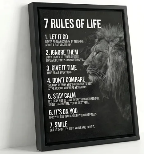 Lienzo de león motivacional enmarcado para pared, 7 reglas de la vida, citas, decoración de pared, póster inspirador, pintura para dormitorio, sala