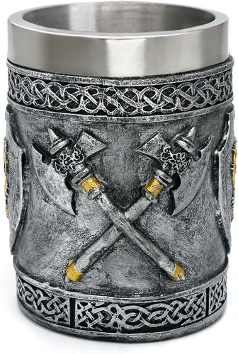 Miniatura 7 de Taza medieval con hachas vikingas, regalos para hombres, escudos de león de oro inglés, jarras de cerveza, jarra de café inoxidable, arte