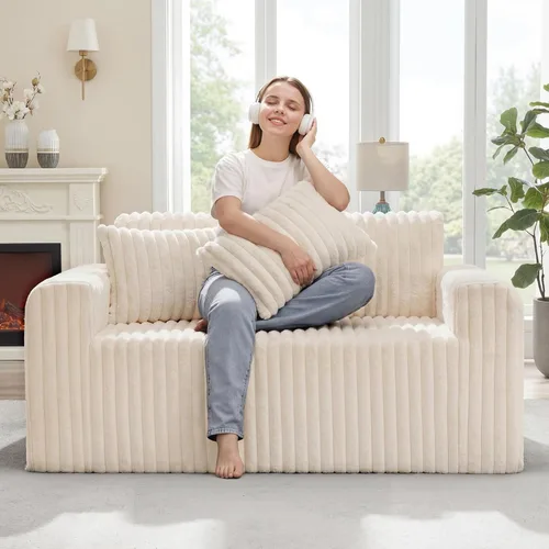 Miniatura 9 de Hobestluk Sofá Individual de Espuma Sillón Sofá para Espacios Pequeños Sofás Cómodos con Funda Extraíble Sofá Peludo con Almohadas para Sala de Negro