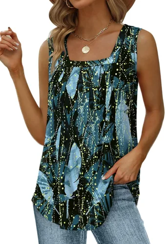 Miniatura 121 de Saloogoe - Camisetas sin mangas veraniegas para mujeres, plisadas con cuello cuadrado y dobladillo curvado, blusas de ajuste holgado con movimiento
