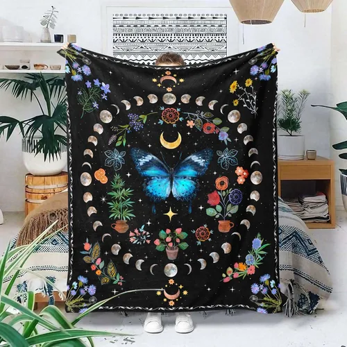 Lifeel Manta de forro polar con diseño de mariposa y luna azul, diseño botánico floral, bohemio, acogedora decoración para siesta para sofá, cama,