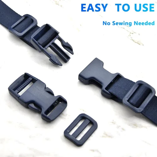 Miniatura 4 de Juego de correas de hebillas de 1 pulgada con correa de nailon de 10 yardas, 10 hebillas de plástico de liberación lateral rápida, 20 clips Azul