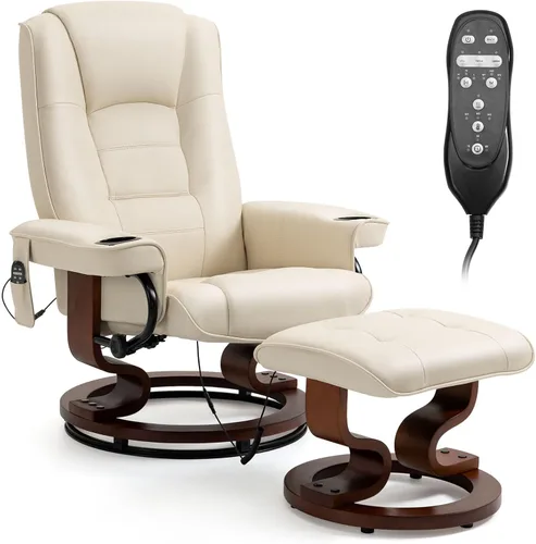 AVAWING Silla reclinable con masaje por vibración, reclinable, de piel sintética, con otomana, giratoria, de madera, para sala de estar, color beige