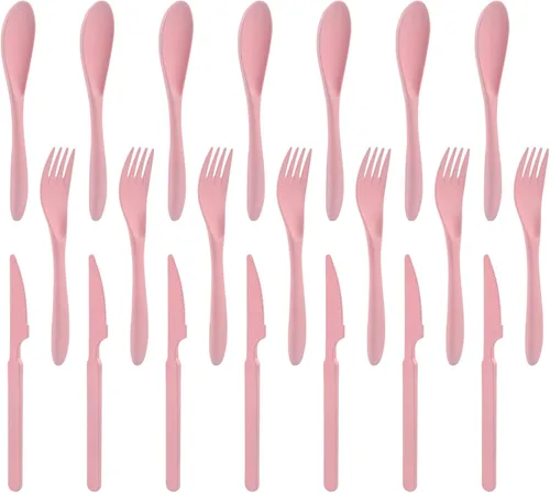 Miniatura 9 de Juego de cubiertos de paja de trigo de 21 piezas, utensilios reutilizables para 7, utensilios irrompibles y ligeros para fiestas, viajes, trabajo