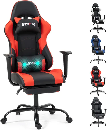 Miniatura 10 de Silla de videojuegos de piel sintética para masaje, silla de videojuegos para PC con soporte lumbar para hombres y mujeres, oficina en casa, altura