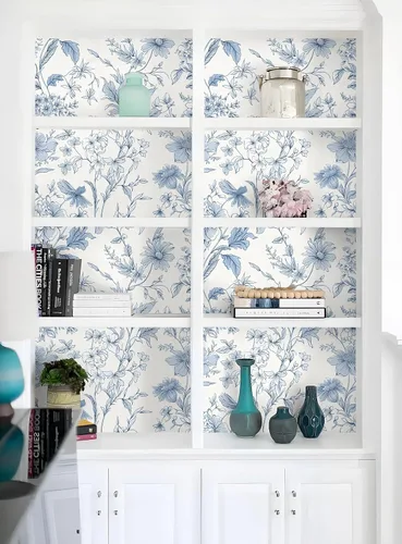 Miniatura 7 de Vinjiasin Papel tapiz autoadhesivo para despegar y pegar, papel de contacto floral azul moderno, papel de pared de loto para baño, dormitorio