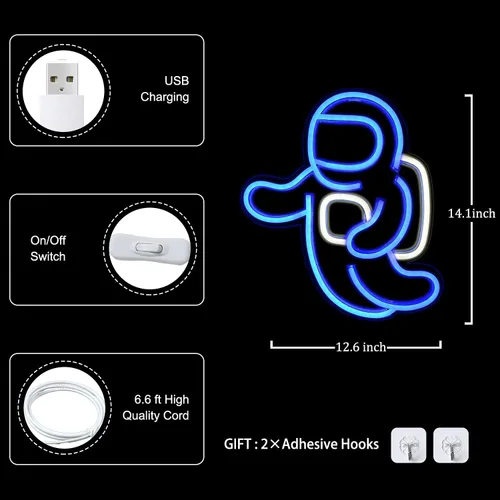 Miniatura 2 de Proyector de luz de neón de astronauta, letreros LED espaciales para decoración de pared de dormitorio, alimentado por USB con interruptor de 14.1 x
