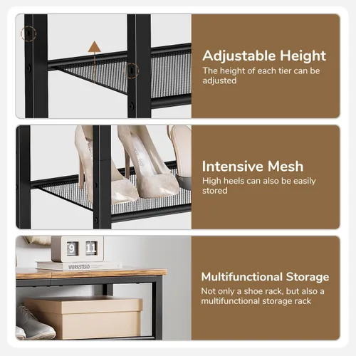 Miniatura 4 de Zapatero organizador de 5 niveles con 4 estantes de malla metálica para 15-20 pares, zapateros de pie independiente, para entrada, pasillo, armario