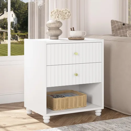 Miniatura 10 de Moderna mesita de noche, mesa auxiliar acanalada con 2 cajones, mesita de noche con estante abierto para dormitorio (1, negro)