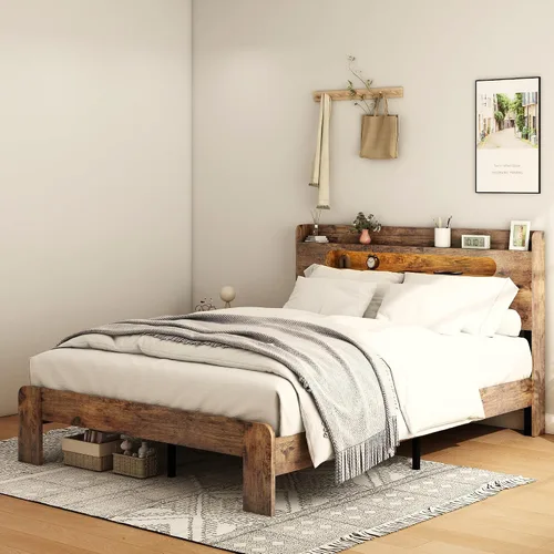 Miniatura 6 de Marco de cama tamaño completo de madera, cabecero con almacenamiento y estación de carga y luces LED, estructura robusta de granja rústica, fácil