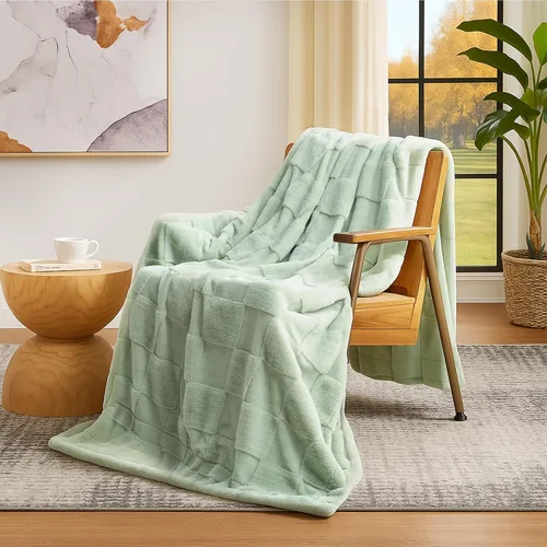 Miniatura 13 de Cozy Bliss Manta de Tiro de Piel Sintética de Conejo a Cuadros Gris, Mantas Suaves Difusas Esponjosas Minky Peludas para Sofá, Cama
